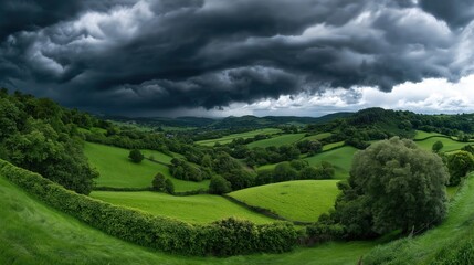 Obraz premium A breathtaking countryside landscape with rolling green hills under a dramatic stormy sky, where dark clouds contrast with the lush greenery