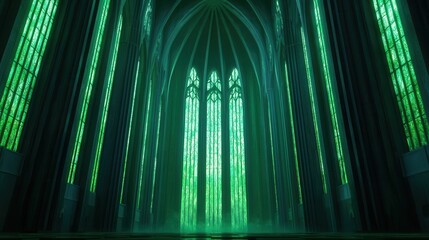 Intricate Gothic Architecture with Green Stained Glass Windows