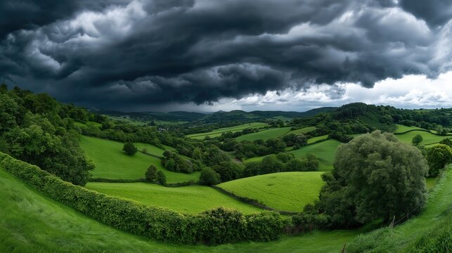 A breathtaking countryside landscape with rolling green hills under a dramatic stormy sky, where dark clouds contrast with the lush greenery