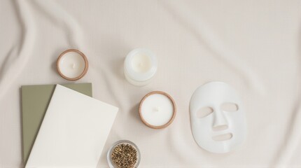 A serene flat lay featuring a white mask, candles, a notebook, and decorative items on a soft, neutral fabric.