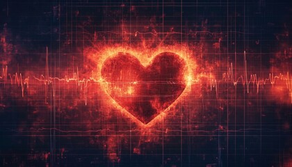 Glowing Red Heart on a Vector ECG Pattern, Black Grid Background, Illuminated With Crisp Lines