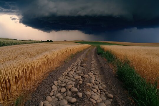 A rural field with an ominous thunderstorm sky above, as a dirt road lined with golden wheat leads into the distance, creating a dramatic contrast between nature's calm and approaching storm