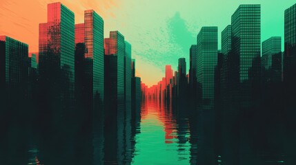 Fototapeta premium Atmospheric Urban Landscape with Reflected Cityscape in Water