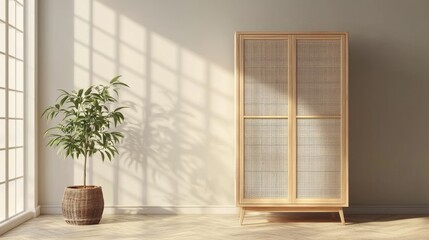 Modern Minimalist Bedroom Featuring Light Wood Cabinets and Beige Decor