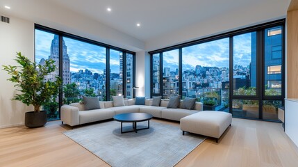 Modern apartment living room, city view, dusk