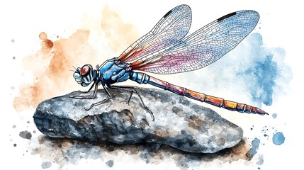 Colorful dragonfly on rock, artistic illustration, watercolor style