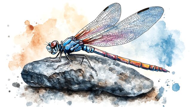 Colorful dragonfly on rock, artistic illustration, watercolor style