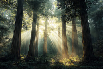 Obraz premium Sunlight streaming through tall, dense trees in a lush, vibrant forest with ferns covering the forest floor