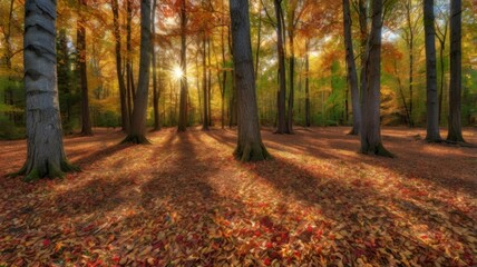 A peaceful autumn forest with colorful fall leaves scattered on the ground and sunlight streaming through the branches.