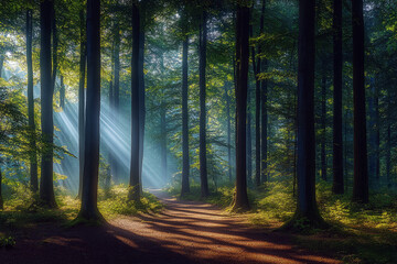 Obraz premium Sunlight streaming through tall, dense trees in a lush, vibrant forest with ferns covering the forest floor