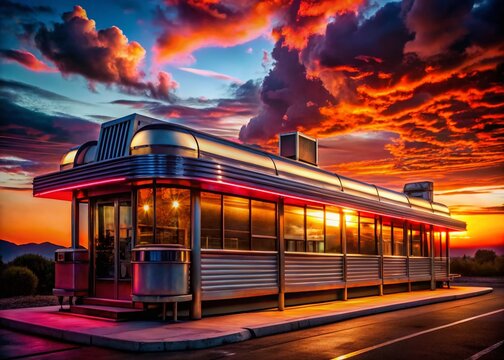 Silhouette of Classic American Diner at Sunset, Retro Vibes