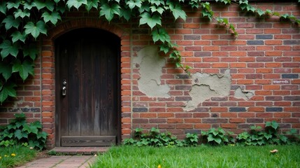 Dark Wooden Door Set in Aged Brick Wall with Lush Green Vines
