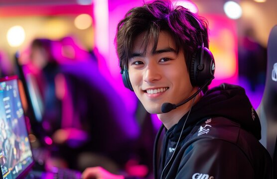 Young Asian man happily playing video games with headphones on computer
