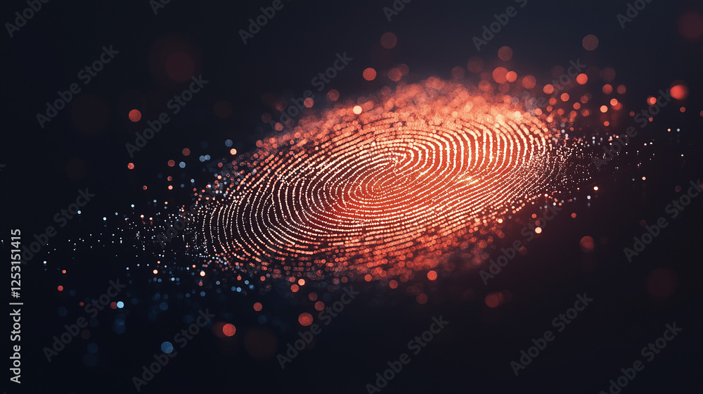 Poster fingerprint in digital particles: a digital fingerprint composed of glowing red particles against a 