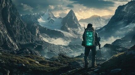 Fototapeta premium Hiker with glowing backpack ascends snowy mountains.
