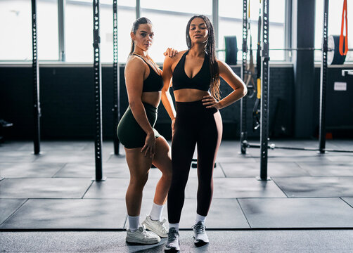 Two diverse Women Posing Confidently in a Gym Environment, Highlighting Fitness and Empowerment