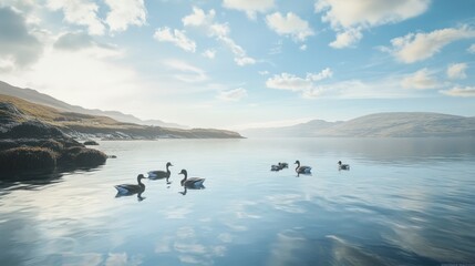 A flock of geese swim in a calm lake with a scenic mountain backdrop.