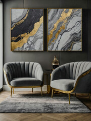 Elegant gray and gold marble wall art with armchairs.