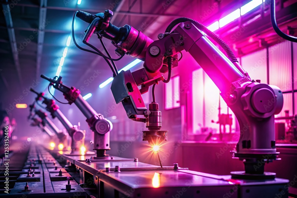 Poster silhouette of robotic arm assembling parts in automated factory with pink neon lighting