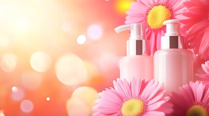 Elegant pink flowers and soothing skincare bottles on a soft dreamy background  This image represents the concept of relaxing and rejuvenating beauty treatments self care rituals and a serene