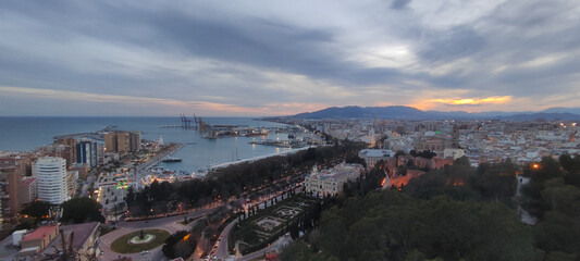 Sunset view of Malaga from Mirador de la Coracha, Spain