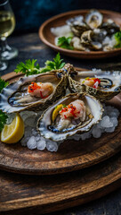 Elegant seafood dish with fresh oysters and garnishes served on rustic plate.