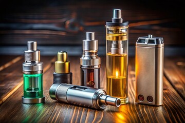 Sleek Vape Mod and Accessories on Dark Wood Background: E-cigarette Device, Tank, Coils, and Drip Tip