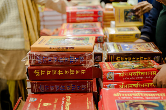 Religious books published by Gita Press Gorakhpur are displayed in a bookstore, featuring Hindu scriptures, spiritual texts, and sacred literature for devotees and readers