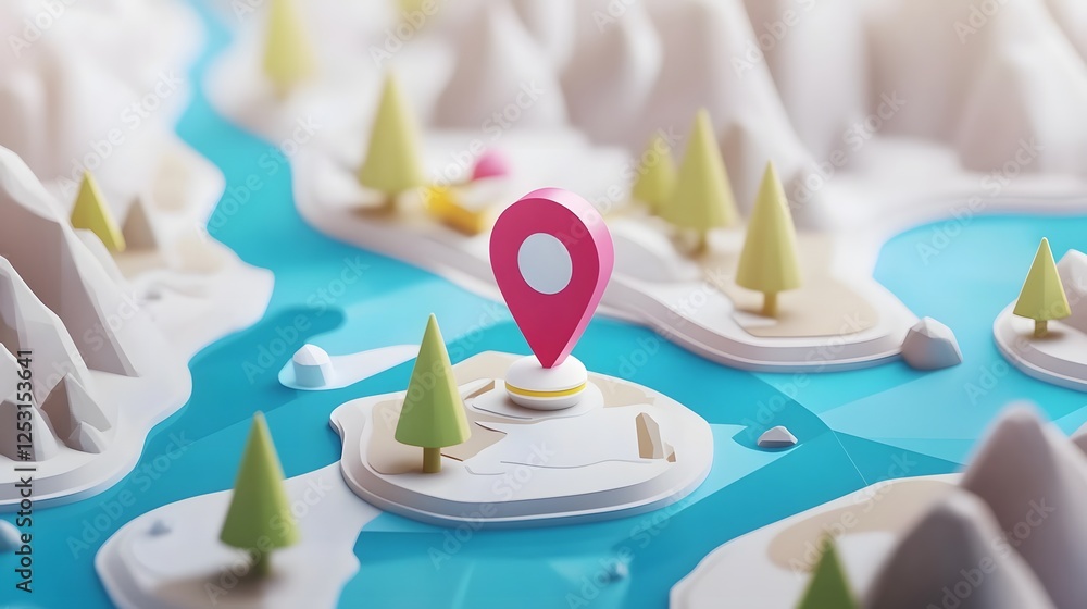Poster explore the scenic landscapes with 3d rendering of minimalist navigational markers depicting the jou