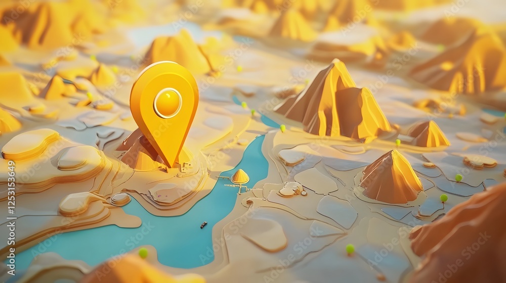 Poster Exploring the Rugged Terrain of a Remote Mountain Landscape by Navigating Through a Map with a Prominent Location Pin Representing the Potential of an Expedition or Hiking Trail
