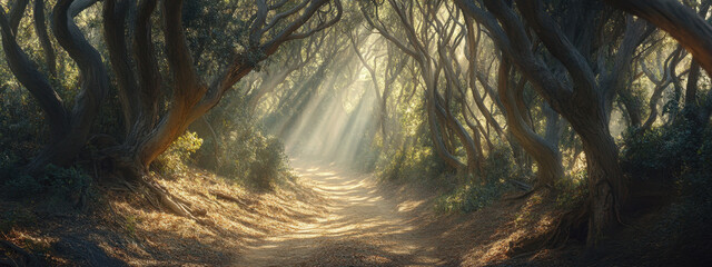 Enchanting forest path with sunlight filtering through twisted trees, creating a mystical and serene atmosphere.