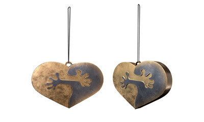 Realistic heart with hugging hands made of bronze, iron, jewelry, on a thread, decor, funny and humorous plot, symbol of love, PNG, 3d render