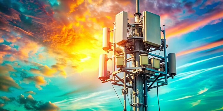 Small Cell 5G Base Station on Electric Pole, Bottom View, Turquoise Sky, Candid Macro Shot