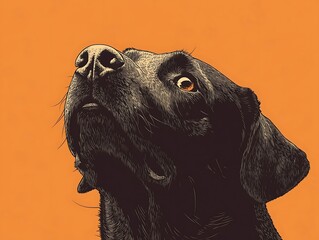 Black Labrador Looking Up Against Orange Background