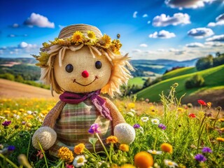 Fototapeta premium Smiling Jute Doll in Sunny Landscape: Rustic Charm Stock Photo