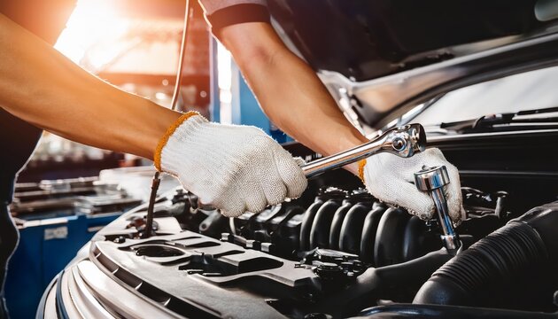 Auto Mechanic Repairing Car Engine - Close-up of a mechanic's hands using tools to repair a car engine.  Professional automotive service.