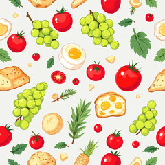 A variety of fruits and vegetables, including grapes, tomatoes, bread, eggs, and pineapples, arranged in a visually appealing and colorful manner. Vector patterns, random pattern