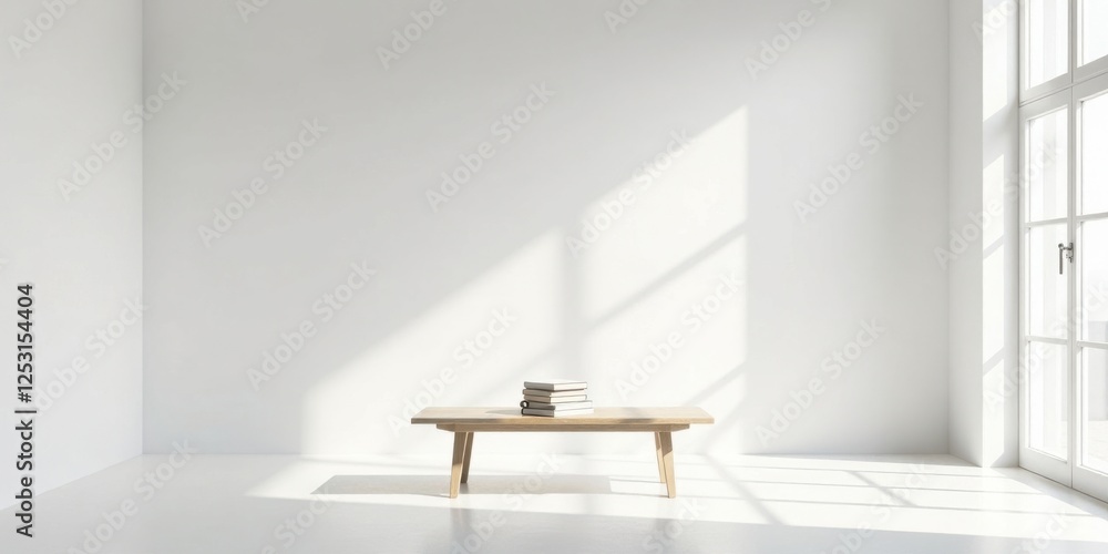 Poster Sunlit Minimalist Room with Simple Wooden Coffee Table and Stack of Books
