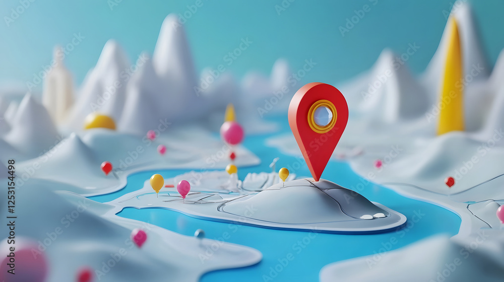 Poster Fantastical snowy mountain landscape with floating glowing map pointer on a surreal spherical planet or globe  Conceptual creative digital art image with a sense of and adventure