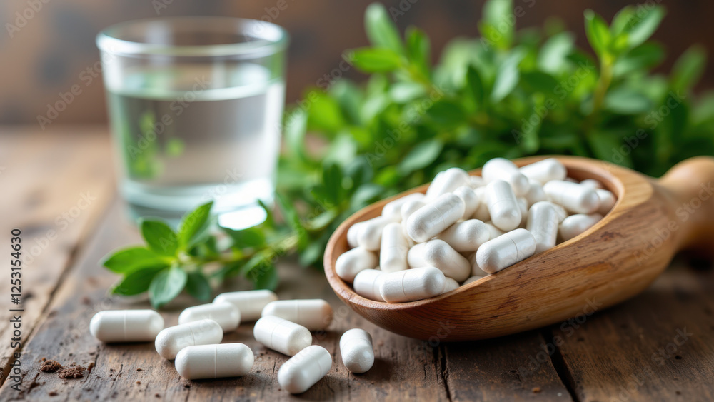 Poster magnesium glycinate supplements displayed on a rustic wooden table with herbs.