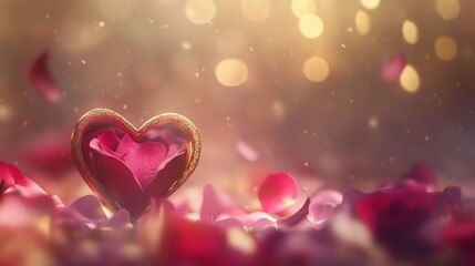 Beautiful and elegant surreal Valentine's Day card in pink, red and gold tones with soft white and lilac accents. Dreamy and warm romantic background. Greetings and romantic gifts.