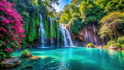 Fototapeta premium dense foliage covered waterfall cascade down rocky cliffs into crystal clear turquoise lake surrounded by lush greenery and vibrant exotic flowers, wilderness exploration, forest waterfall