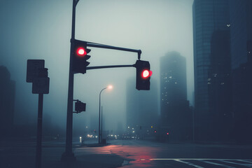 Lonely Traffic Light Glowing Red in a Foggy and Mysterious Urban Street Scene