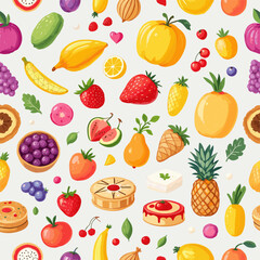 A variety of colorful fruits and desserts, including bananas, apples, oranges, strawberries, grapes, pineapple, watermelon, pears, and cakes. Vector patterns, random pattern