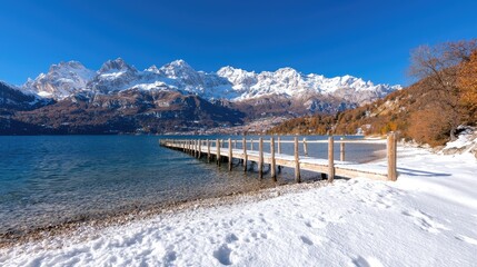 Obraz premium Snowy lake pier, mountain view, autumn trees, winter landscape, travel postcard