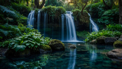 Obraz premium Enchanted waterfall in a serene garden.