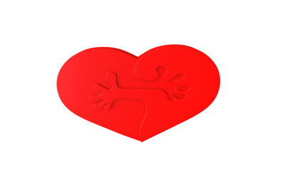 Realistic red plastic heart with hugging hands, funny and humorous plot, PNG , 3D visualization