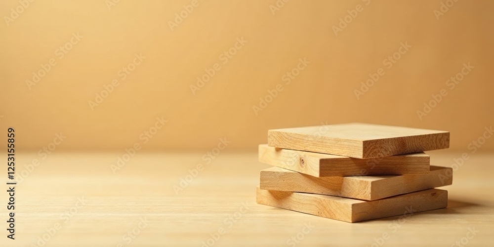 Poster stack of unfinished light wooden planks on a table against a muted background