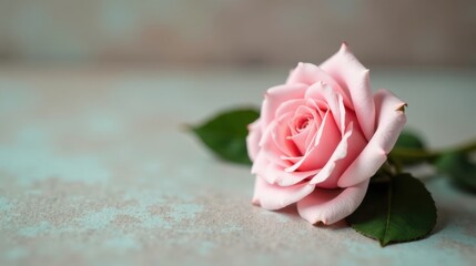 A Delicate Pink Rose Resting on a Textured Surface, Evoking Feelings of Serenity and Gentle Beauty