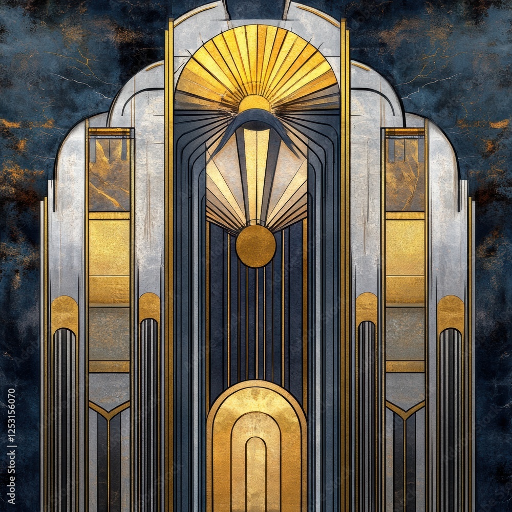Poster art deco inspired architecture with intricate geometric details and a golden sun emblem in a modern 